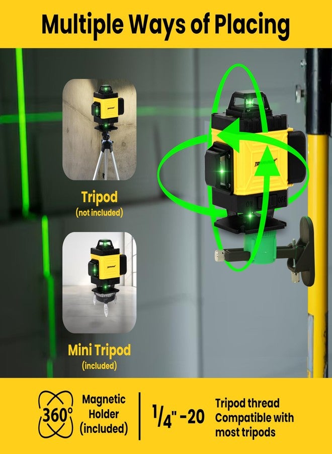 TOMAHAWK® LEV-1616-16 Lines Green Laser Level Pro - 4x360° 4D Green Cross Self-Levelling Professional Laser Line for Construction with Two 360° Vertical/Horizontal Laser Level (Yellow Edition) - Image 5